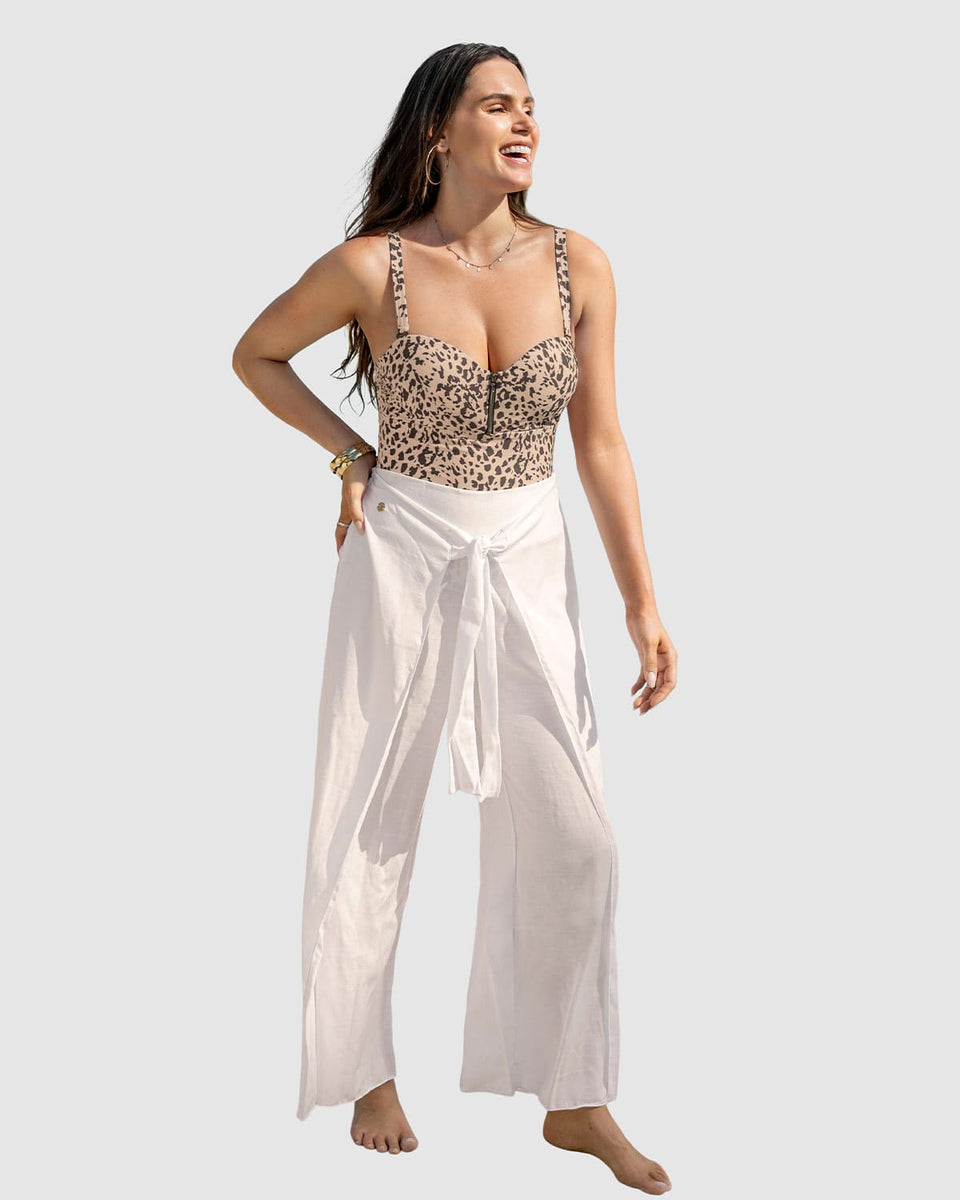 Pantalón playero tipo gaza anudable en el frente en algodón orgánico y rayón