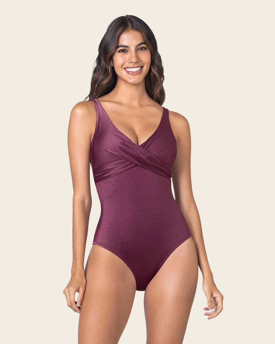 Bañador entero con compresión de abdomen y tela con brillo