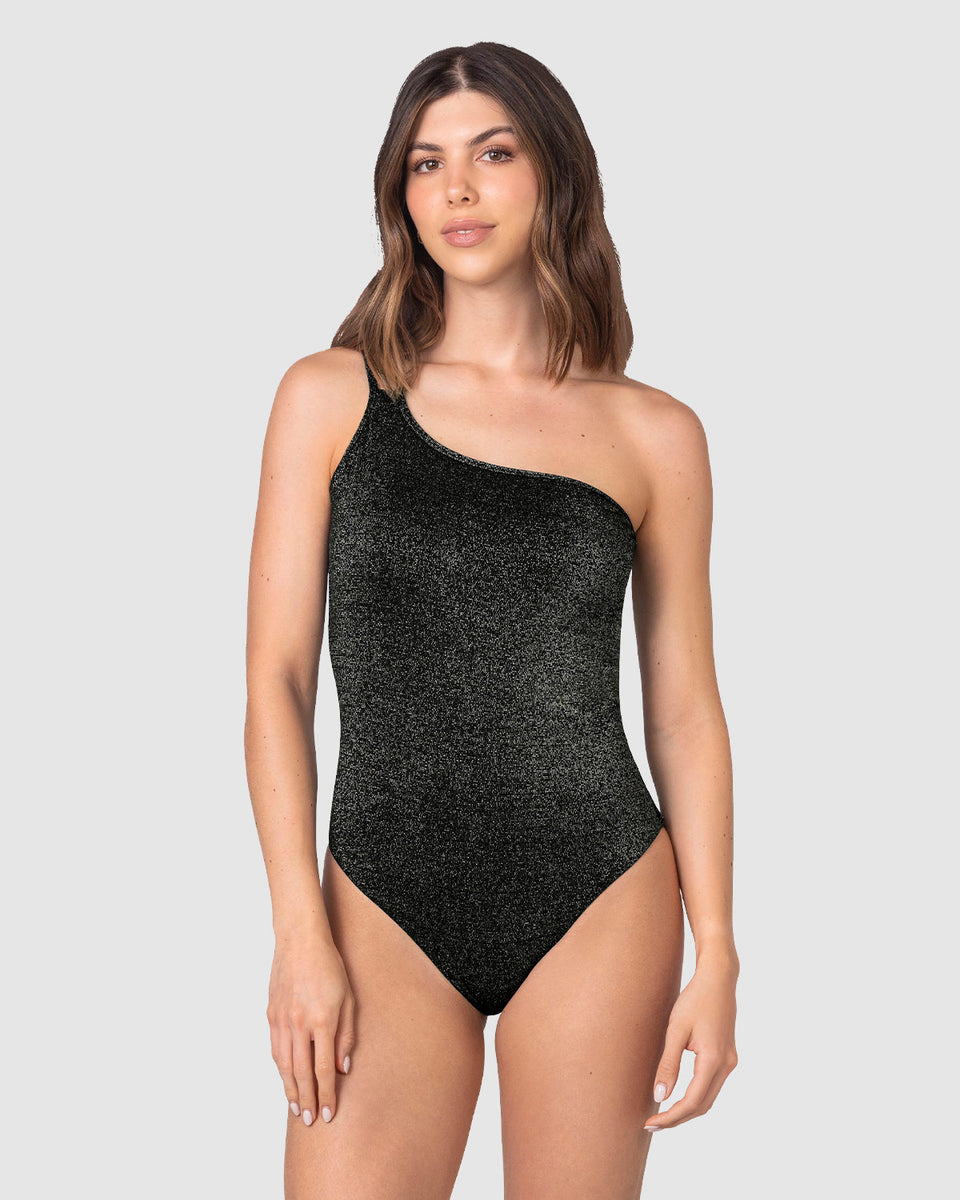 Bañador entero asimétrico en tela con brillo