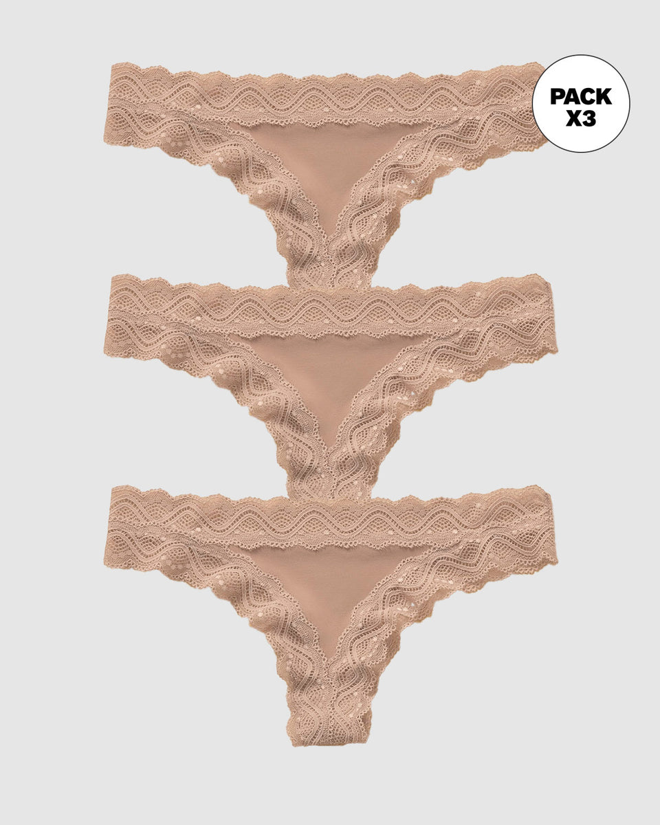 Paquete x 3 tangas tiro medio en tela lisa y encaje